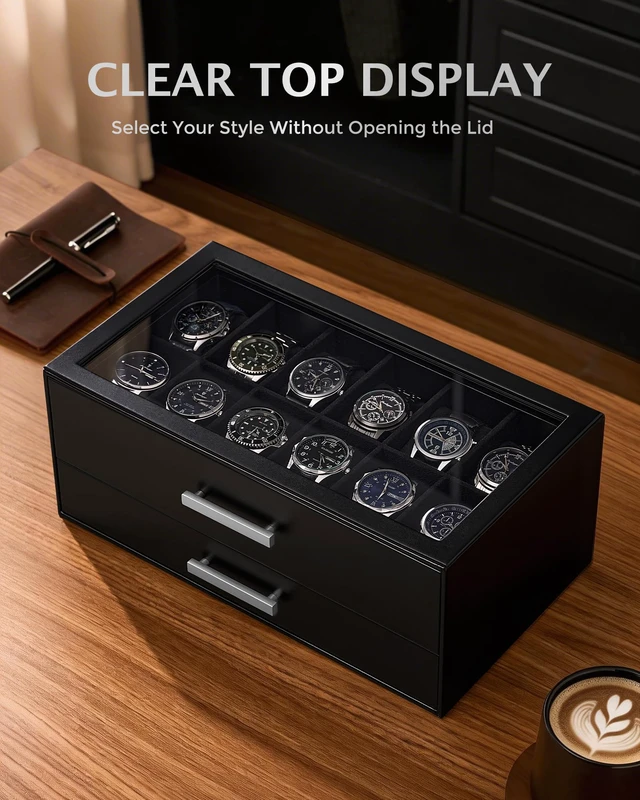 Alt view image 3 of 7 - 12-Slot Watch Case for Men, 2-Tier Pull-Out Drawers Box -Black