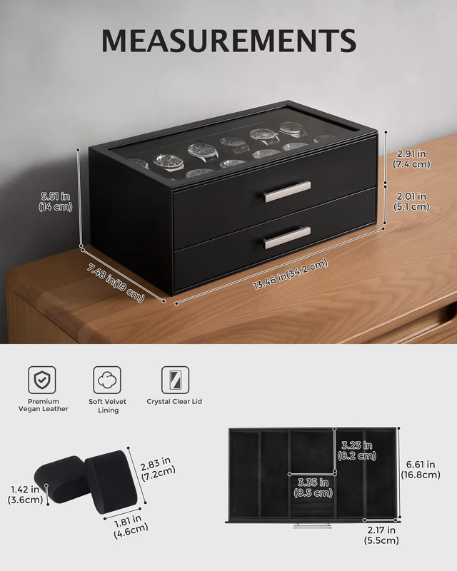 Alt view image 6 of 7 - 12-Slot Watch Case for Men, 2-Tier Pull-Out Drawers Box -Black