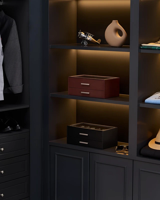 Alt view image 7 of 7 - 12-Slot Watch Case for Men, 2-Tier Pull-Out Drawers Box -Black