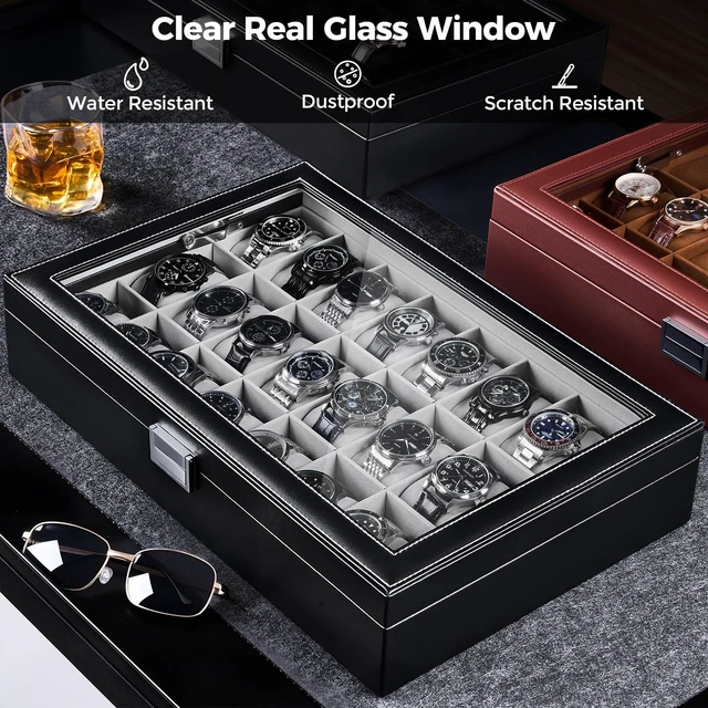 Alt view image 4 of 7 - Watch Box for Men, 24 Slot Display Case with Real Glass Lid