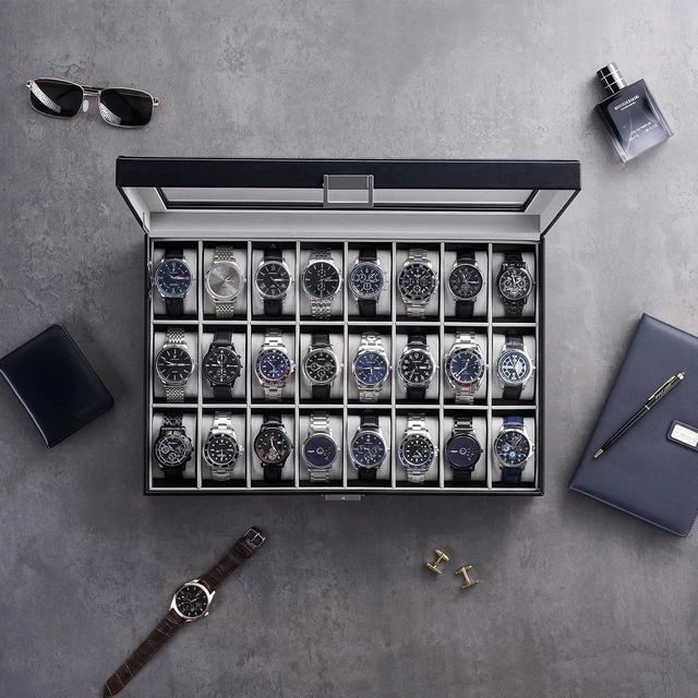 Alt view image 5 of 7 - Watch Box for Men, 24 Slot Display Case with Real Glass Lid
