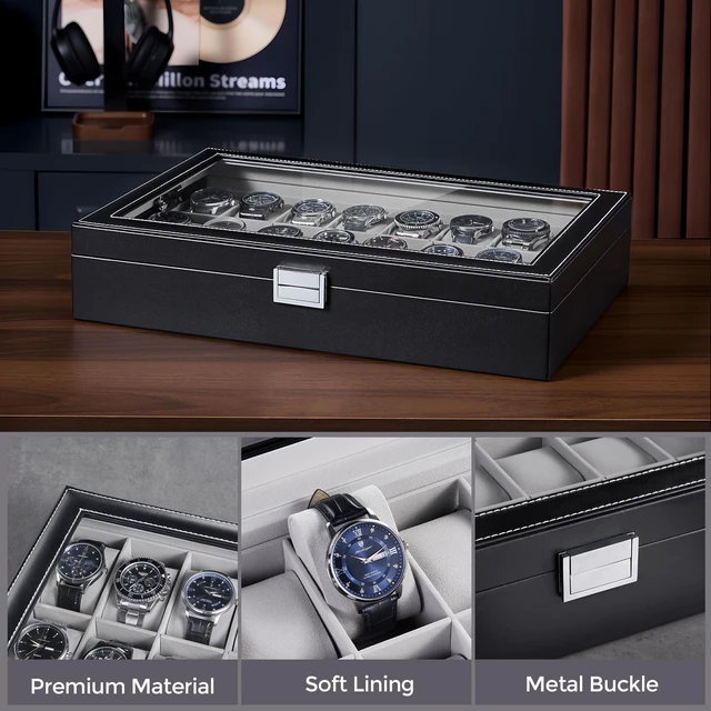 Alt view image 6 of 7 - Watch Box for Men, 24 Slot Display Case with Real Glass Lid
