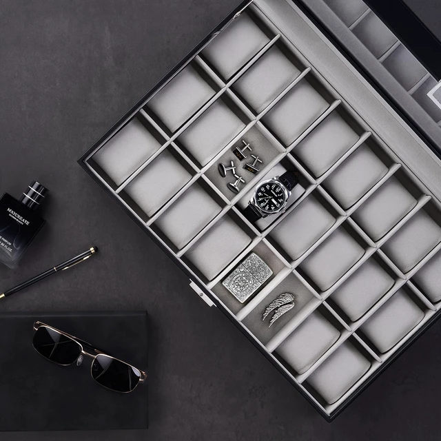 Alt view image 7 of 7 - Watch Box for Men, 24 Slot Display Case with Real Glass Lid