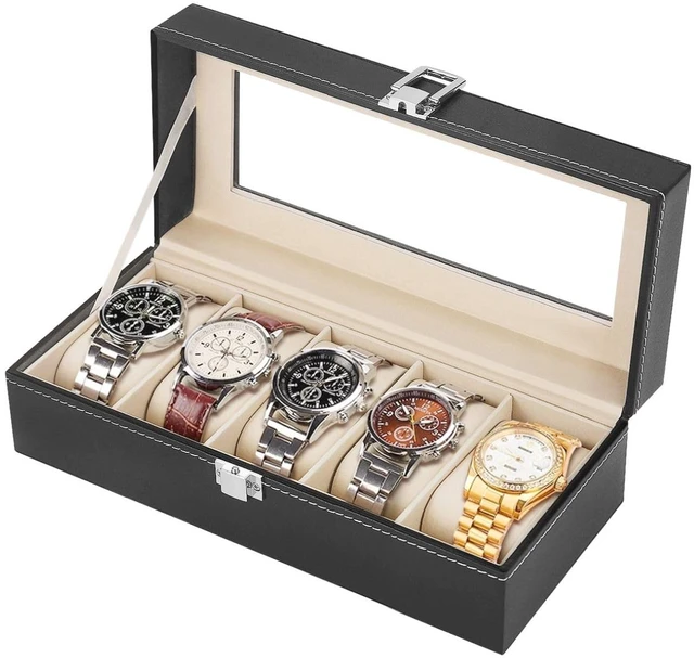 Main image of Watch Box Organizer for Men and Women - 5 Slot Watch Storage Box with Top Glass Display & Removable Pillows in Each Slot - Premium Watch Cases for Men Made with PU Leather