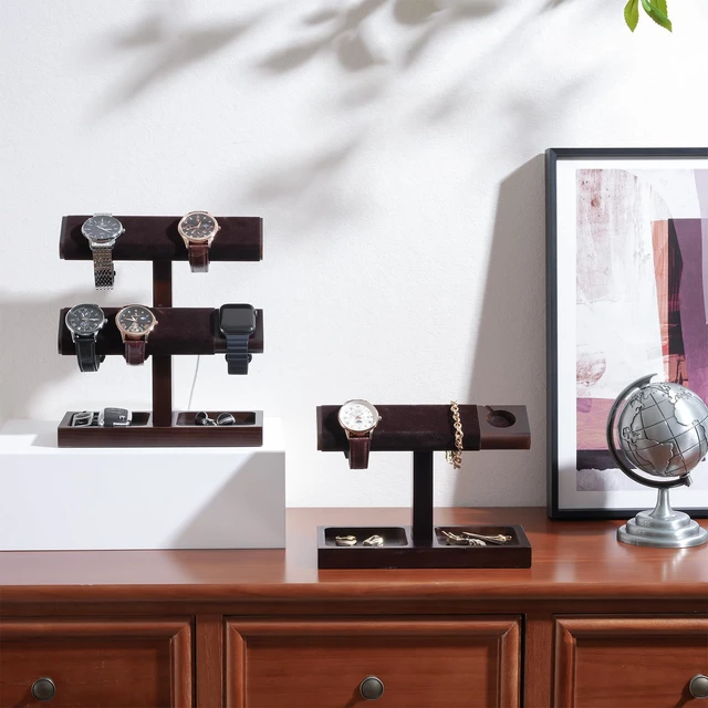 Alt view image 6 of 7 - Wood Watch Display Stand Holder for Men, Fathers Day Gift for Dad, Wristwatch Tower with T-Bar Design, Hanging Watch Rack, Wooden Wrist Watch Tree