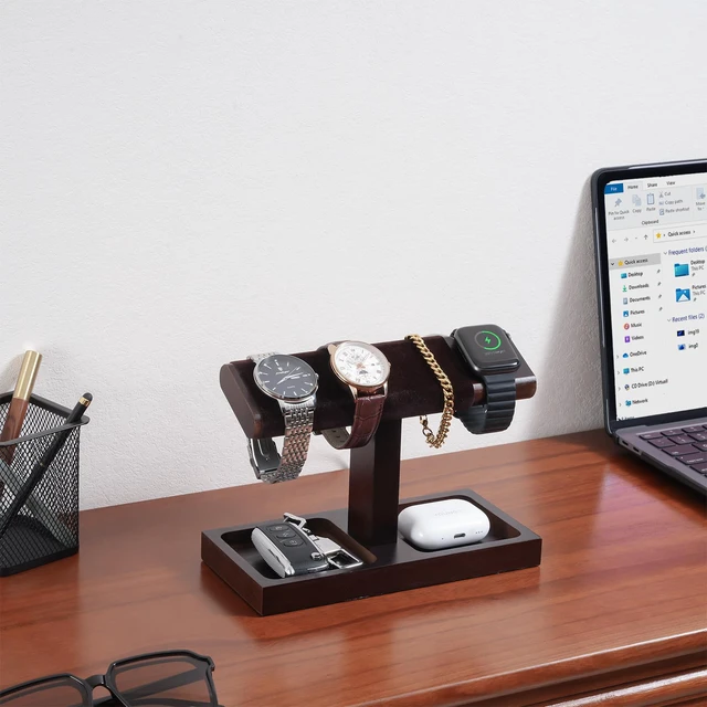 Alt view image 3 of 7 - Wood Watch Display Stand Holder for Men, Fathers Day Gift for Dad, Wristwatch Tower with T-Bar Design, Hanging Watch Rack, Wooden Wrist Watch Tree