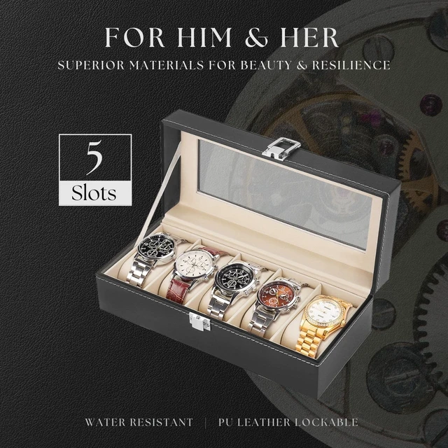 Alt view image 2 of 7 - Watch Box Organizer for Men and Women - 5 Slot Watch Storage Box with Top Glass Display & Removable Pillows in Each Slot - Premium Watch Cases for Men Made with PU Leather