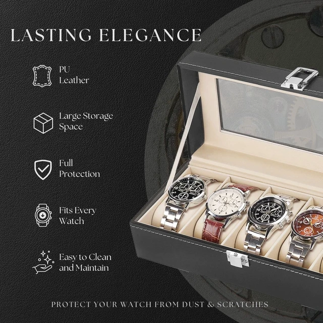 Alt view image 3 of 7 - Watch Box Organizer for Men and Women - 5 Slot Watch Storage Box with Top Glass Display & Removable Pillows in Each Slot - Premium Watch Cases for Men Made with PU Leather