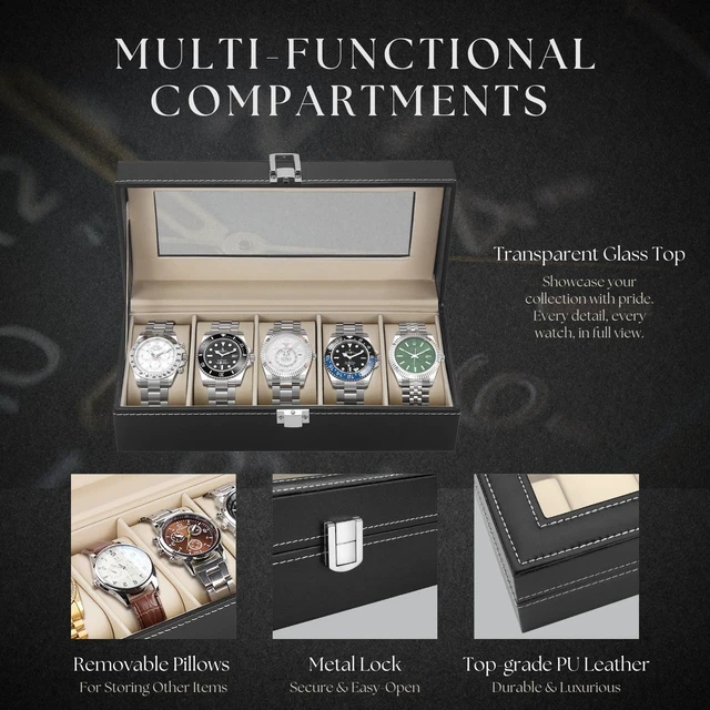 Alt view image 5 of 7 - Watch Box Organizer for Men and Women - 5 Slot Watch Storage Box with Top Glass Display & Removable Pillows in Each Slot - Premium Watch Cases for Men Made with PU Leather