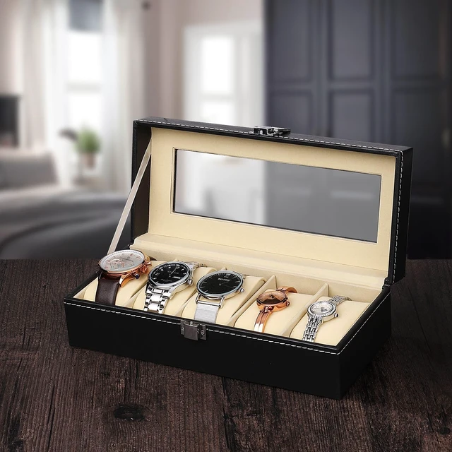 Alt view image 6 of 7 - Watch Box Organizer for Men and Women - 5 Slot Watch Storage Box with Top Glass Display & Removable Pillows in Each Slot - Premium Watch Cases for Men Made with PU Leather