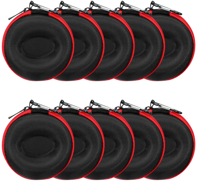 Main image of 10-Pack Watch Case for Travel, EVA Single Watch Storage Box for Wristwatches and Smart Watches up to 2 Inches (50mm), Black with Red Trim, Includes Black Sponge Pad and 10 Carabiners