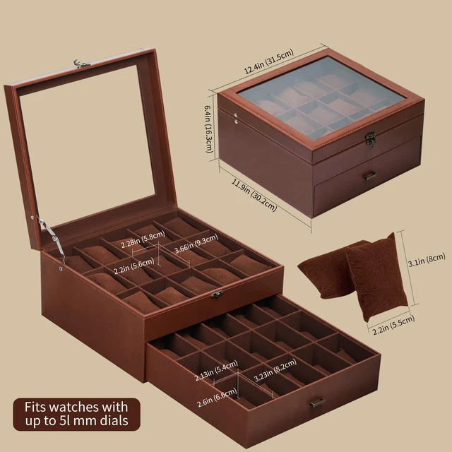 Alt view image 2 of 7 - Watch Box Organizer with Glass Top & Lockable Drawer,2 Layers Holds 30 Watches & Jewelry,Large Storage for Men & Women,PU Leather with Soft Interior,Gift for Home Office Desk,Coffee,MKAW-123