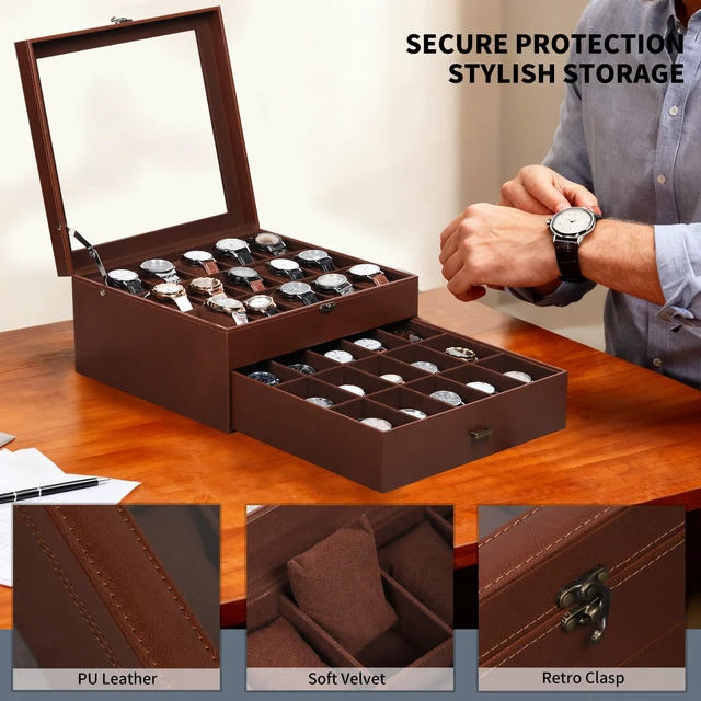 Alt view image 3 of 7 - Watch Box Organizer with Glass Top & Lockable Drawer,2 Layers Holds 30 Watches & Jewelry,Large Storage for Men & Women,PU Leather with Soft Interior,Gift for Home Office Desk,Coffee,MKAW-123
