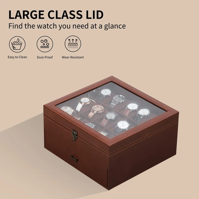 Alt view image 5 of 7 - Watch Box Organizer with Glass Top & Lockable Drawer,2 Layers Holds 30 Watches & Jewelry,Large Storage for Men & Women,PU Leather with Soft Interior,Gift for Home Office Desk,Coffee,MKAW-123