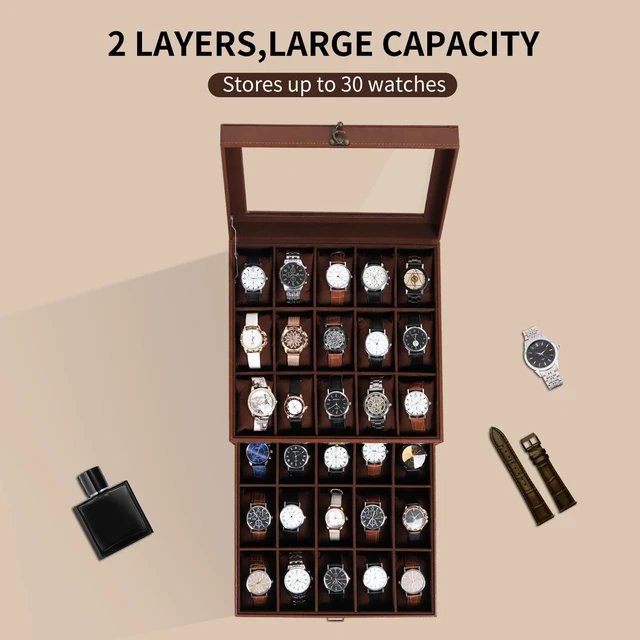 Alt view image 4 of 7 - Watch Box Organizer with Glass Top & Lockable Drawer,2 Layers Holds 30 Watches & Jewelry,Large Storage for Men & Women,PU Leather with Soft Interior,Gift for Home Office Desk,Coffee,MKAW-123