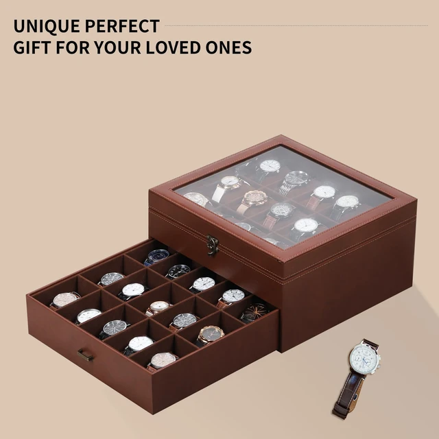 Alt view image 7 of 7 - Watch Box Organizer with Glass Top & Lockable Drawer,2 Layers Holds 30 Watches & Jewelry,Large Storage for Men & Women,PU Leather with Soft Interior,Gift for Home Office Desk,Coffee,MKAW-123