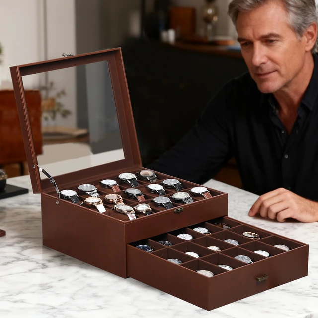 Alt view image 6 of 7 - Watch Box Organizer with Glass Top & Lockable Drawer,2 Layers Holds 30 Watches & Jewelry,Large Storage for Men & Women,PU Leather with Soft Interior,Gift for Home Office Desk,Coffee,MKAW-123