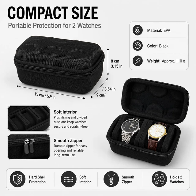 Alt view image 2 of 6 - Double Watch Travel Case, EVA Hard Shell Watch Storage Box for 2 Watches, Portable Zipper Watch Organizer with Soft Foam Interior, Black