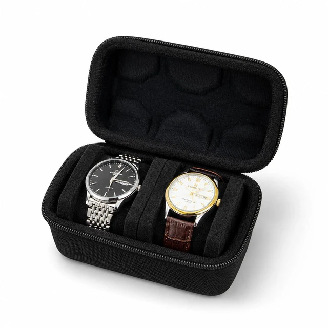 Main image of Double Watch Travel Case, EVA Hard Shell Watch Storage Box for 2 Watches, Portable Zipper Watch Organizer with Soft Foam Interior, Black