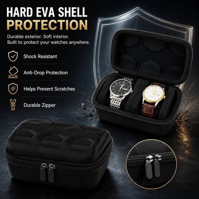 Alt view image 3 of 6 - Double Watch Travel Case, EVA Hard Shell Watch Storage Box for 2 Watches, Portable Zipper Watch Organizer with Soft Foam Interior, Black