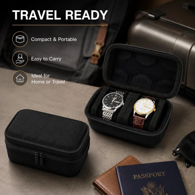 Alt view image 6 of 6 - Double Watch Travel Case, EVA Hard Shell Watch Storage Box for 2 Watches, Portable Zipper Watch Organizer with Soft Foam Interior, Black