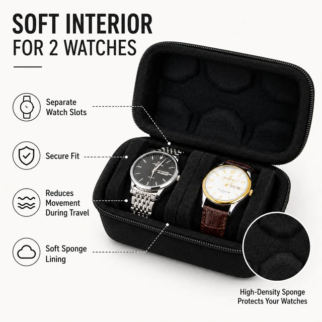 Alt view image 4 of 6 - Double Watch Travel Case, EVA Hard Shell Watch Storage Box for 2 Watches, Portable Zipper Watch Organizer with Soft Foam Interior, Black