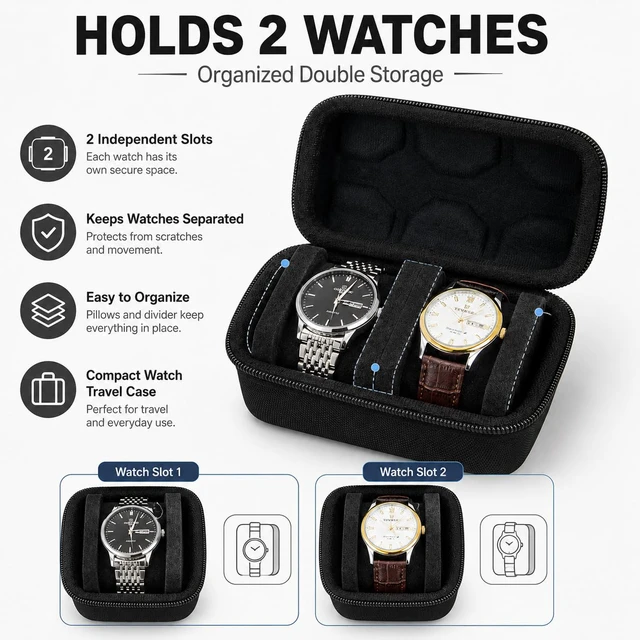 Alt view image 5 of 6 - Double Watch Travel Case, EVA Hard Shell Watch Storage Box for 2 Watches, Portable Zipper Watch Organizer with Soft Foam Interior, Black