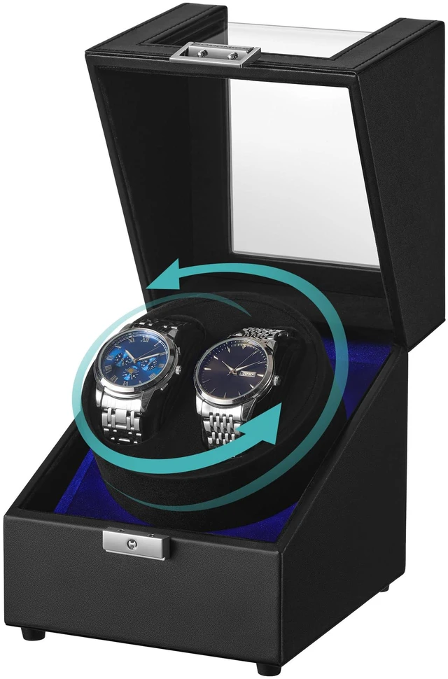 Main image of Automatic Double Watch Winder Box with Quiet Motor, for Automatic Watches, with LED Light, Adjustable Pillow, Lock, 4 Winding Settings, Includes a USB-C Charging Cable, Black UJWB031B01