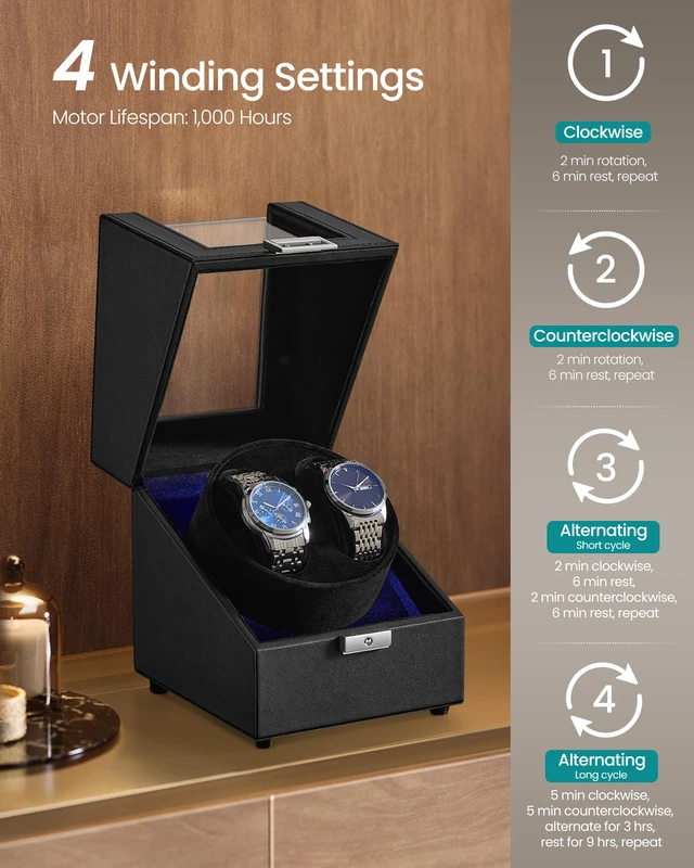 Alt view image 3 of 7 - Automatic Double Watch Winder Box with Quiet Motor, for Automatic Watches, with LED Light, Adjustable Pillow, Lock, 4 Winding Settings, Includes a USB-C Charging Cable, Black UJWB031B01