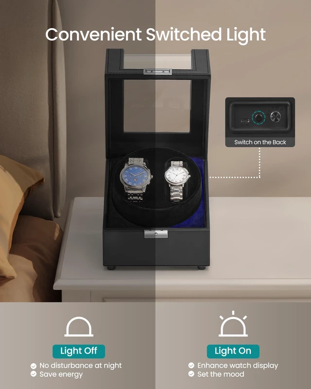 Alt view image 4 of 7 - Automatic Double Watch Winder Box with Quiet Motor, for Automatic Watches, with LED Light, Adjustable Pillow, Lock, 4 Winding Settings, Includes a USB-C Charging Cable, Black UJWB031B01