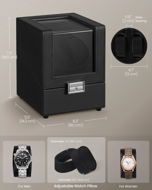 Alt view image 5 of 7 - Automatic Double Watch Winder Box with Quiet Motor, for Automatic Watches, with LED Light, Adjustable Pillow, Lock, 4 Winding Settings, Includes a USB-C Charging Cable, Black UJWB031B01