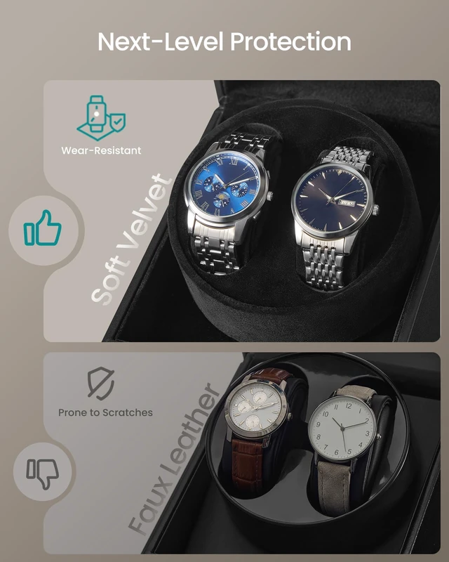 Alt view image 6 of 7 - Automatic Double Watch Winder Box with Quiet Motor, for Automatic Watches, with LED Light, Adjustable Pillow, Lock, 4 Winding Settings, Includes a USB-C Charging Cable, Black UJWB031B01