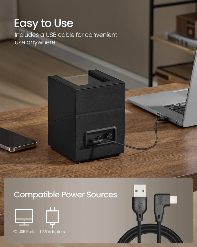 Alt view image 7 of 7 - Automatic Double Watch Winder Box with Quiet Motor, for Automatic Watches, with LED Light, Adjustable Pillow, Lock, 4 Winding Settings, Includes a USB-C Charging Cable, Black UJWB031B01