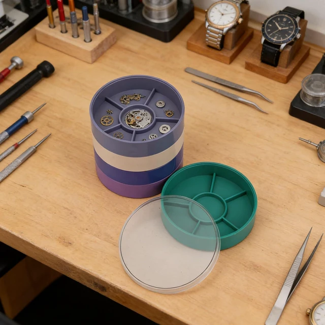 Alt view image 2 of 7 - Watch Parts Storage Box, 5 Layer Watch Parts Box Container, Colorful Watch Repair Parts Organizer, Round Plastic Watch Repair Tools Tray Holder for Movement Screw Component