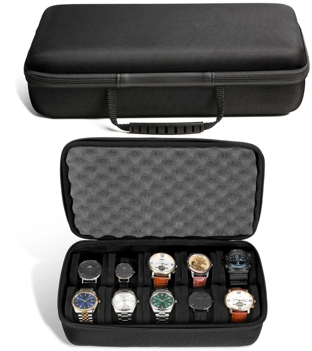 Main image of Travel Watch Case 10 Slots, Watch Storage Box for Men, Portable Hard EVA Watches Organizer with Soft Foam Inserts, Fits up to 55mm Face, 11.8 x 7.08 x 3.15 Inch, Black