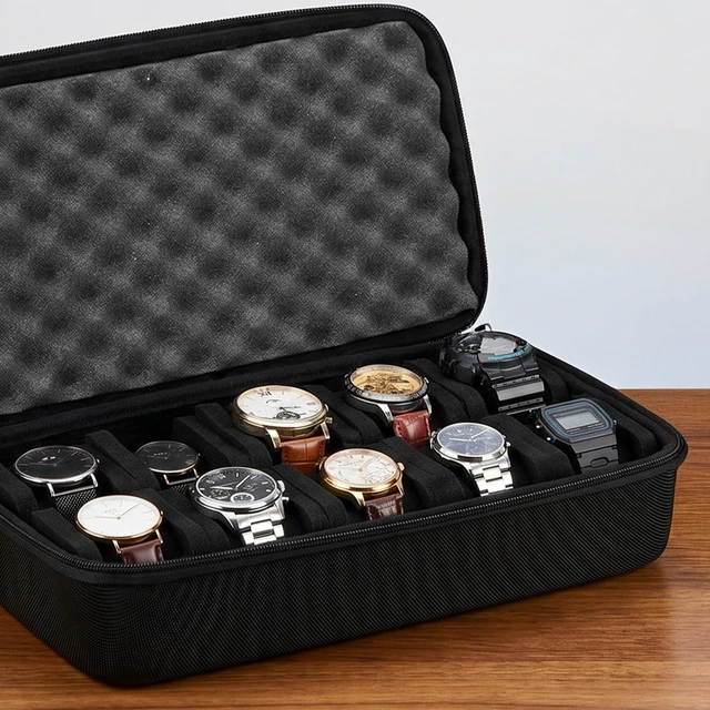 Alt view image 6 of 7 - Travel Watch Case 10 Slots, Watch Storage Box for Men, Portable Hard EVA Watches Organizer with Soft Foam Inserts, Fits up to 55mm Face, 11.8 x 7.08 x 3.15 Inch, Black
