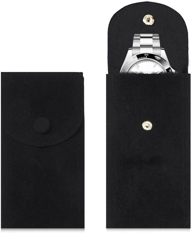 Main image of 2 Pcs Velvet Watch Pouch Portable Flannelette Watch Storage Bag Single Travel Pouch for Men and Women Storage Bag Luxury Gift Bags with Snap Button for Jewelry Organizer (Black)