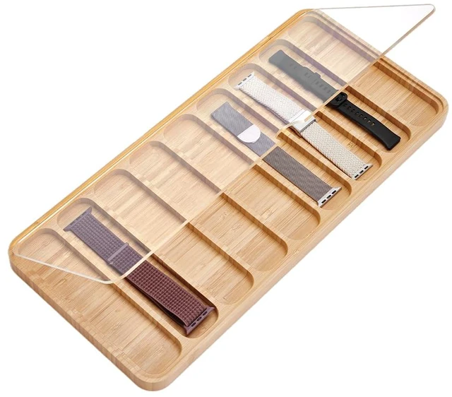 Main image of Wooden Watch Band Organizer 9 Slots Watch Band Display Case Watches Straps Storage Box Wood Watches Bands Holder with Clear Lid for Men Women Jewelry Storage Showcase Decoration Gifts