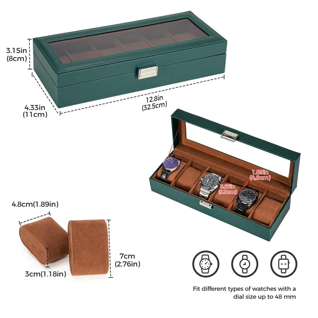 Alt view image 5 of 7 - Watch Box, 6 Slot Mens Watch Display Case, MidnightGreen