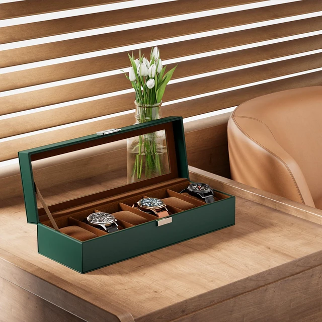 Alt view image 7 of 7 - Watch Box, 6 Slot Mens Watch Display Case, MidnightGreen
