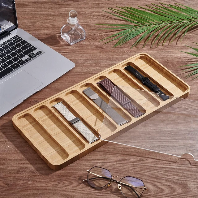 Alt view image 4 of 5 - Wooden Watch Band Organizer 9 Slots Watch Band Display Case Watches Straps Storage Box Wood Watches Bands Holder with Clear Lid for Men Women Jewelry Storage Showcase Decoration Gifts