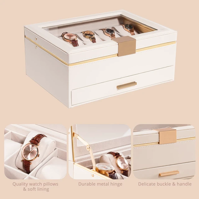 Alt view image 3 of 7 - Watch Case for Women, Valentine Gifts, 10 Slot Watch Display Case with Drawer, 2-Layer Womens Watch Box, 10 Watch Box Organizer, Jewelry and Watch Holder Storage Case with Glass Lid -Beige