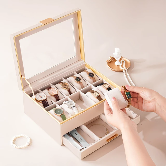 Alt view image 4 of 7 - Watch Case for Women, Valentine Gifts, 10 Slot Watch Display Case with Drawer, 2-Layer Womens Watch Box, 10 Watch Box Organizer, Jewelry and Watch Holder Storage Case with Glass Lid -Beige