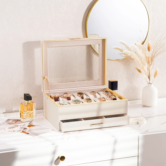 Alt view image 5 of 7 - Watch Case for Women, Valentine Gifts, 10 Slot Watch Display Case with Drawer, 2-Layer Womens Watch Box, 10 Watch Box Organizer, Jewelry and Watch Holder Storage Case with Glass Lid -Beige