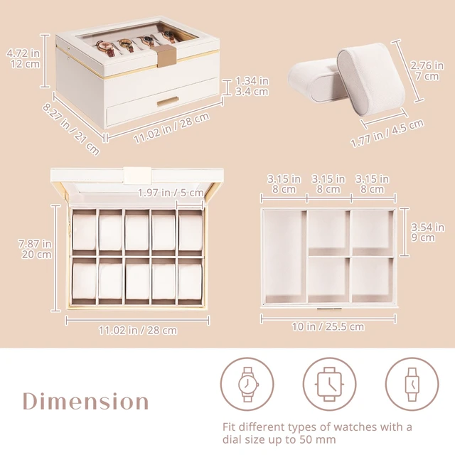 Alt view image 6 of 7 - Watch Case for Women, Valentine Gifts, 10 Slot Watch Display Case with Drawer, 2-Layer Womens Watch Box, 10 Watch Box Organizer, Jewelry and Watch Holder Storage Case with Glass Lid -Beige