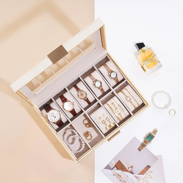 Alt view image 7 of 7 - Watch Case for Women, Valentine Gifts, 10 Slot Watch Display Case with Drawer, 2-Layer Womens Watch Box, 10 Watch Box Organizer, Jewelry and Watch Holder Storage Case with Glass Lid -Beige
