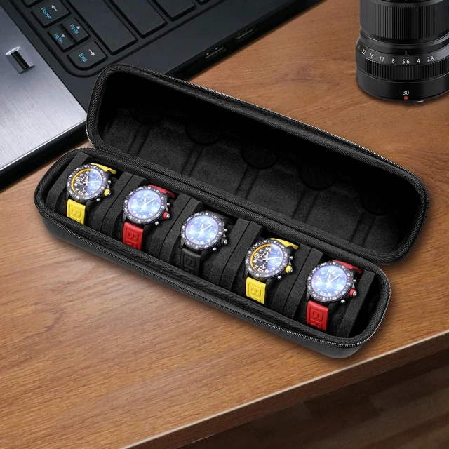Alt view image 3 of 6 - 5 Slots Hard Watch Travel Case, Portable Nylon Zipper Storage Organizer Box for Men Women with Soft Compressible Foam Pillow Black