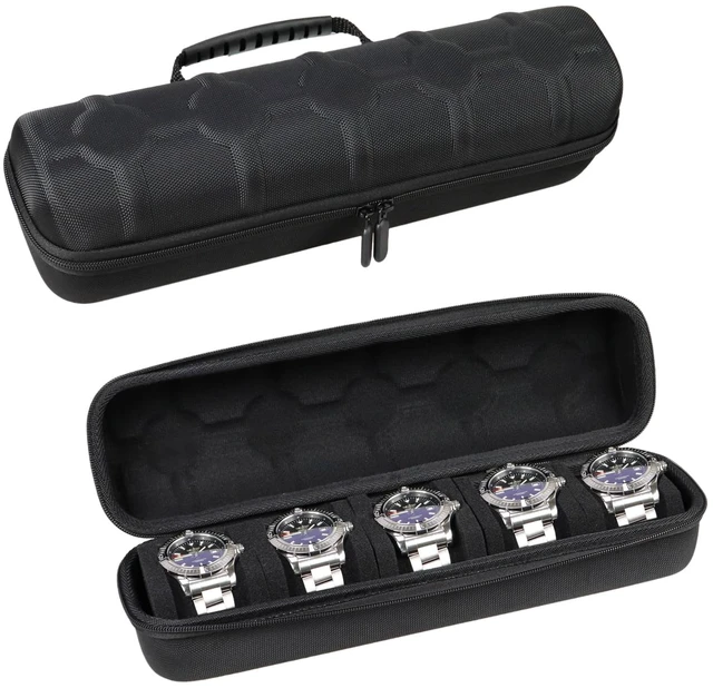 Main image of 5 Slots Hard Watch Travel Case, Portable Nylon Zipper Storage Organizer Box for Men Women with Soft Compressible Foam Pillow Black