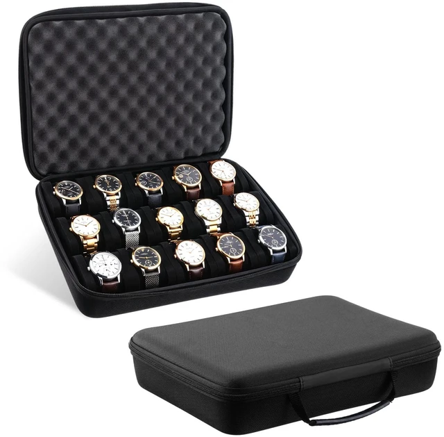Main image of Watch Storage Case, 15 Slot Hard Travel Wristwatches Box with Soft Protective Pillows, Black Organizer Display Holder for Men Women, Fits up to 60mm
