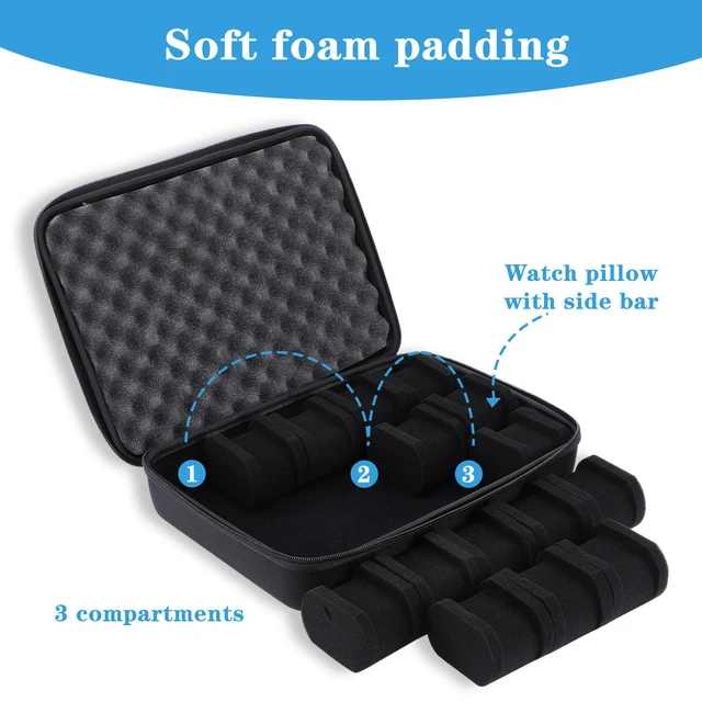 Alt view image 4 of 7 - Watch Storage Case, 15 Slot Hard Travel Wristwatches Box with Soft Protective Pillows, Black Organizer Display Holder for Men Women, Fits up to 60mm